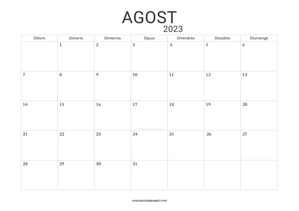 Calendari Agost 2023 minimalista