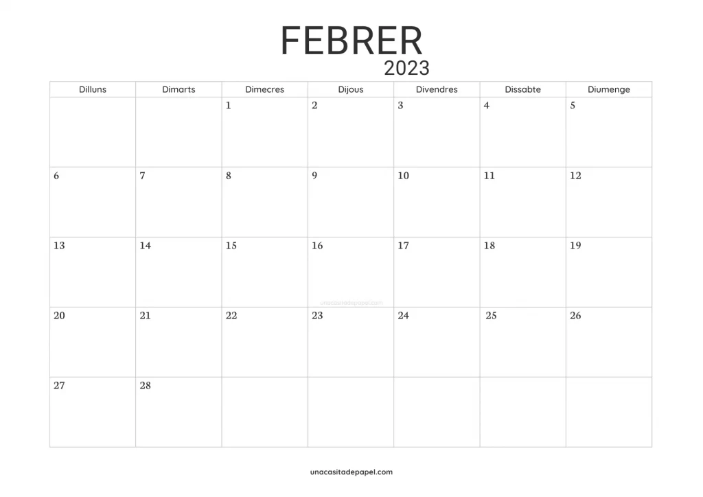 Calendari Febrer 2023 minimalista