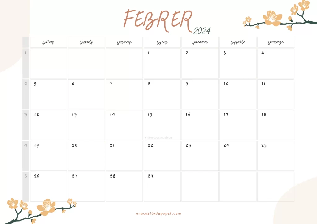 Calendari Febrer 2024 floral