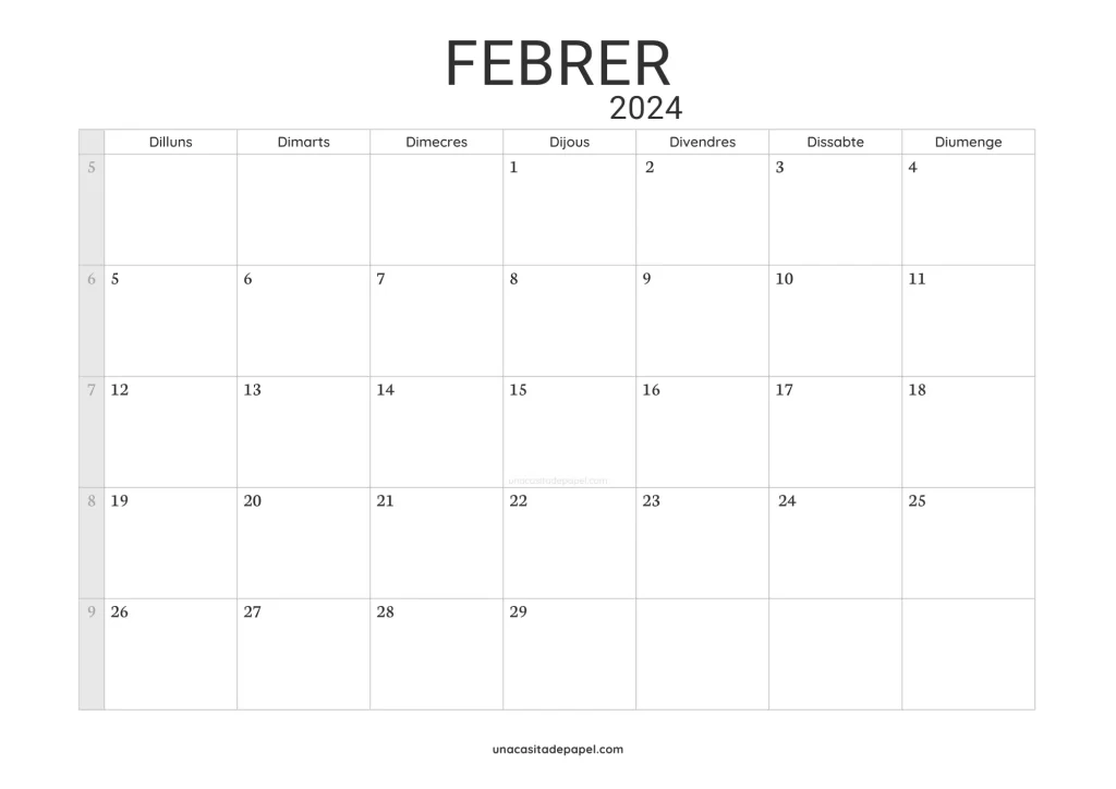 Calendari Febrer 2024 minimalista