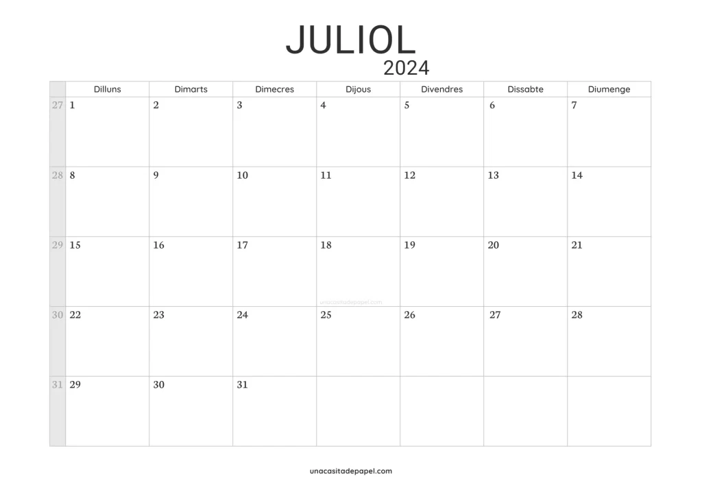 Calendari Juliol 2024 minimalista