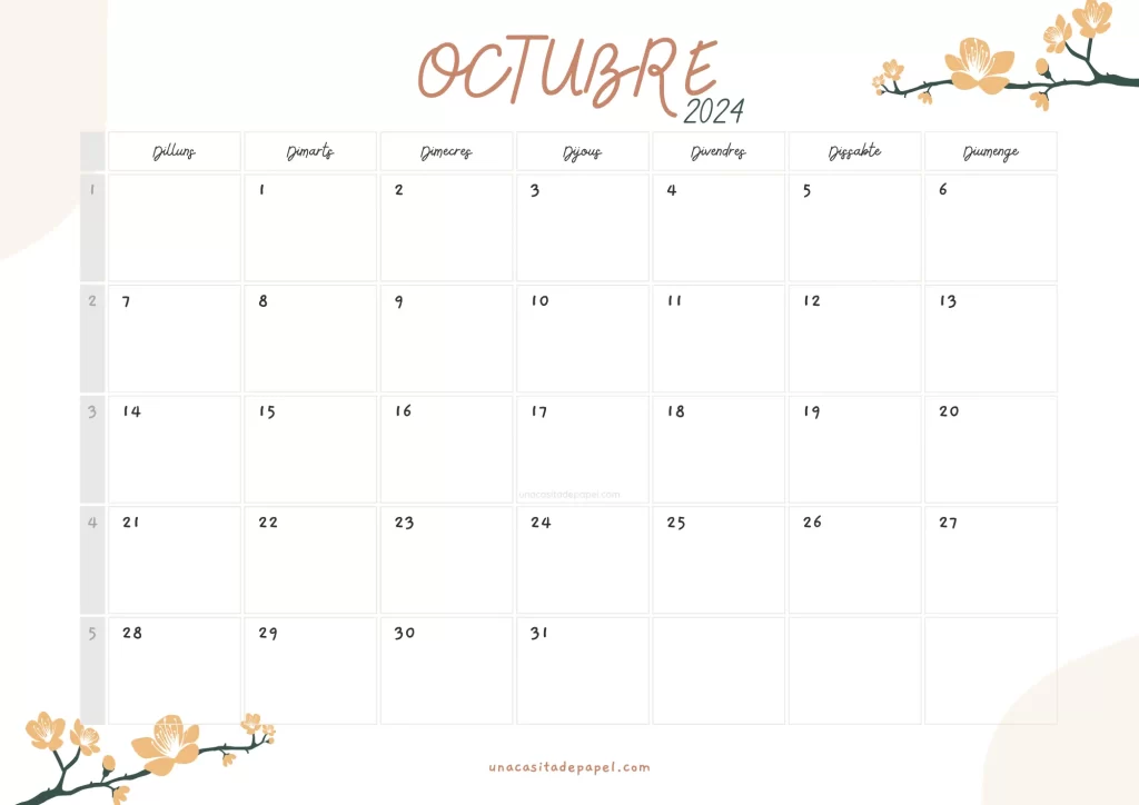 Calendari Octubre 2024 floral