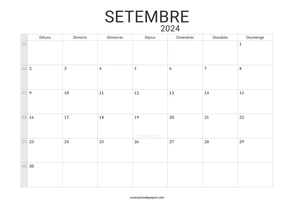 Calendari Setembre 2024 minimalista