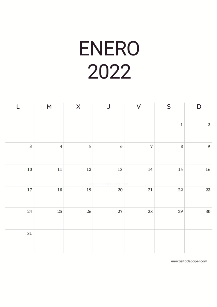 Calendario Enero 2022 minimalista pdf vertical