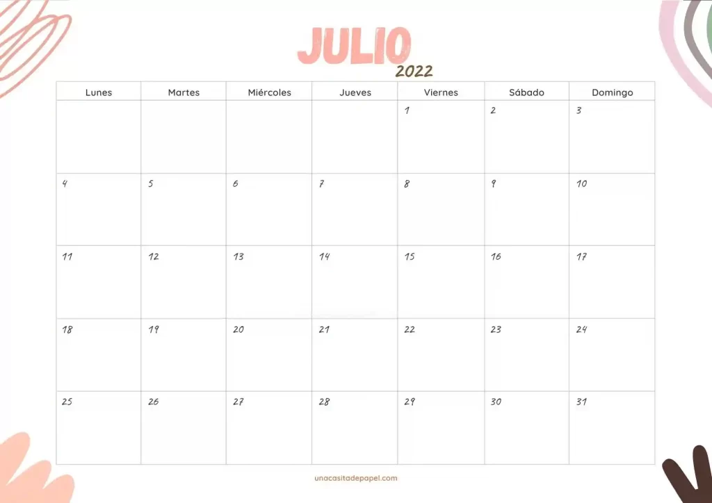 Calendario Julio 2022 original