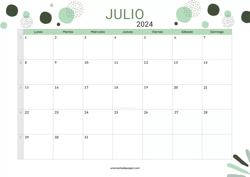 Calendario Julio 2024 color