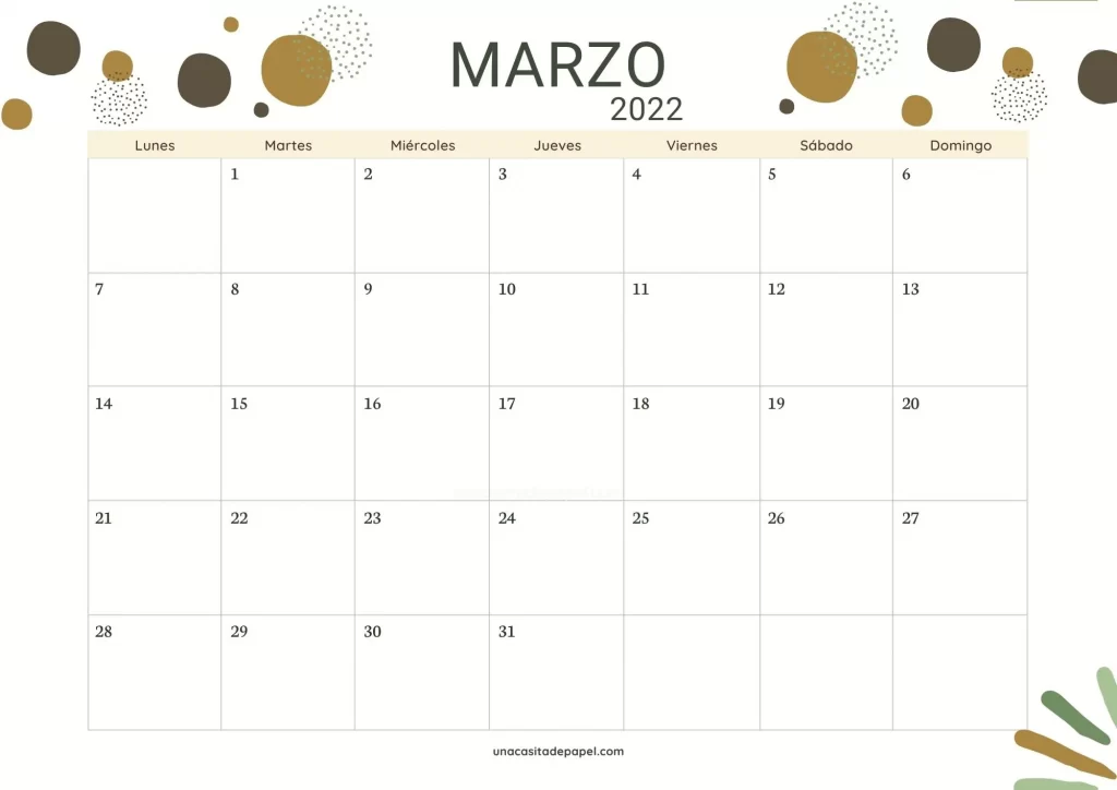 Calendario Marzo 2022 horizontal bonito