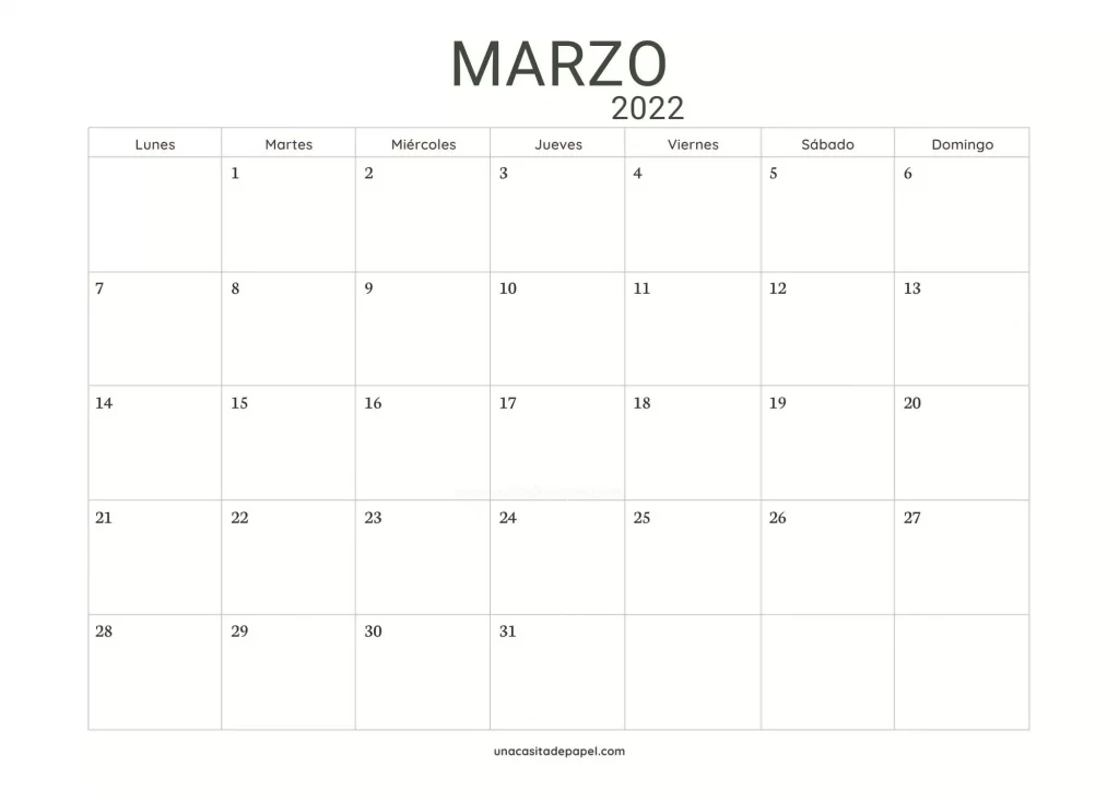 Calendario Marzo 2022 horizontal minimalista