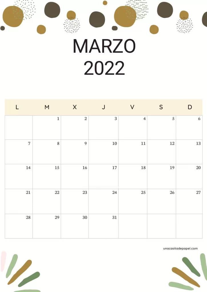 Calendario Marzo 2022 vertical bonito