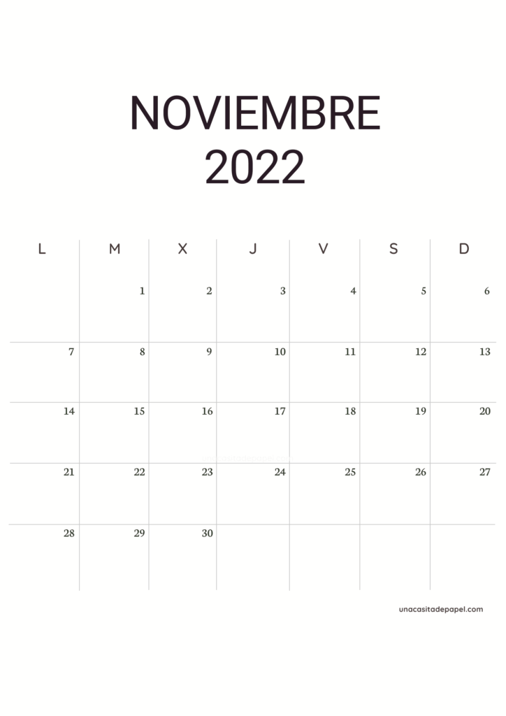 Calendario Noviembre 2022 vertical minimalista
