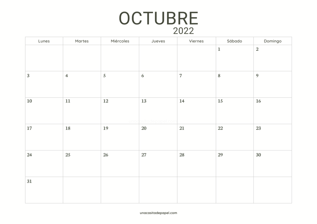 Calendario Octubre 2022 horizontal minimalista
