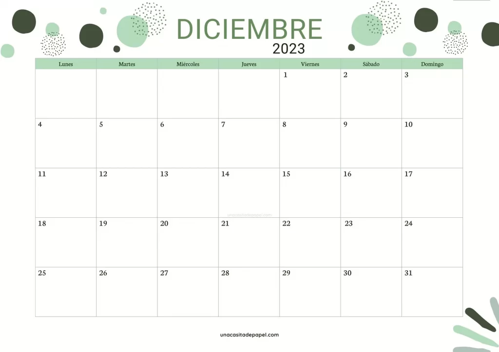 Calendario diciembre 2023 - diseño burbujas
