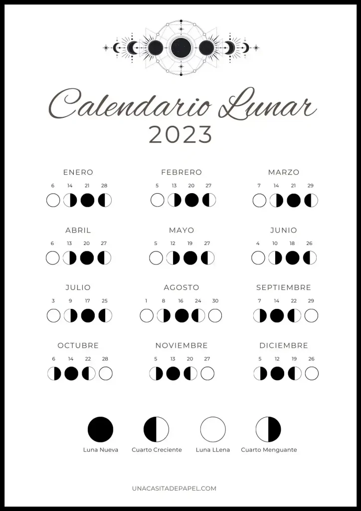 Calendario lunar 2023 - Hemisferio sur (argentina, chile, colombia)