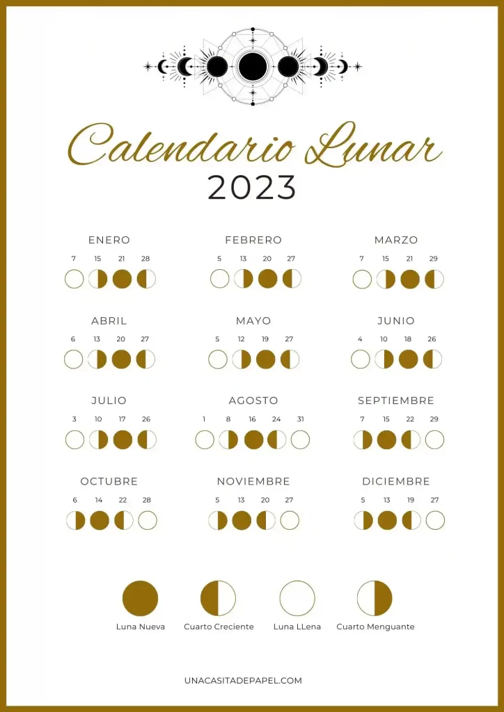 Calendario lunar 2023 dorado - Hemisferio norte (españa, méxico)