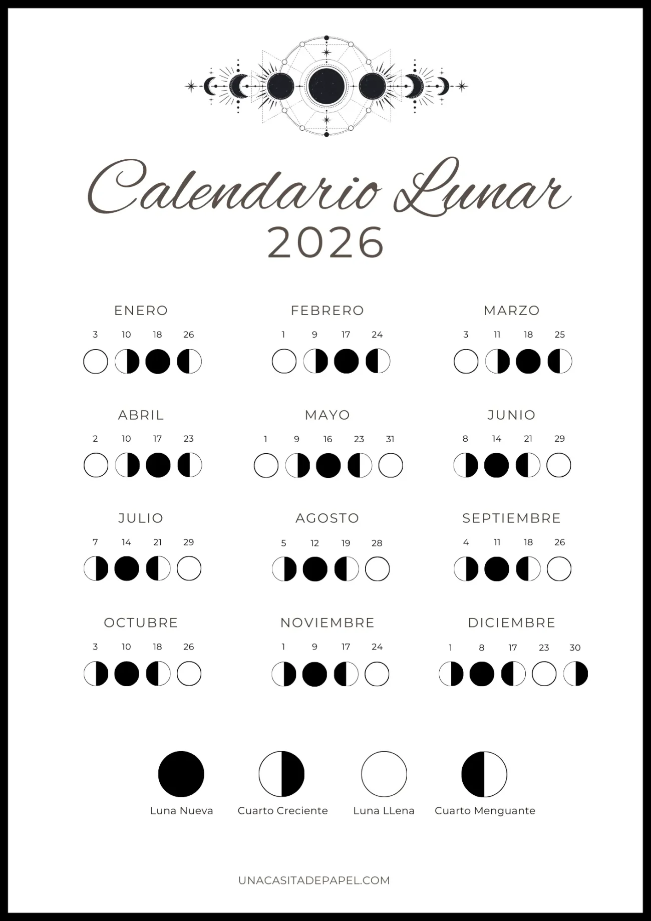 Calendario lunar 2026 - Hemisferio sur (argentina, chile, colombia)