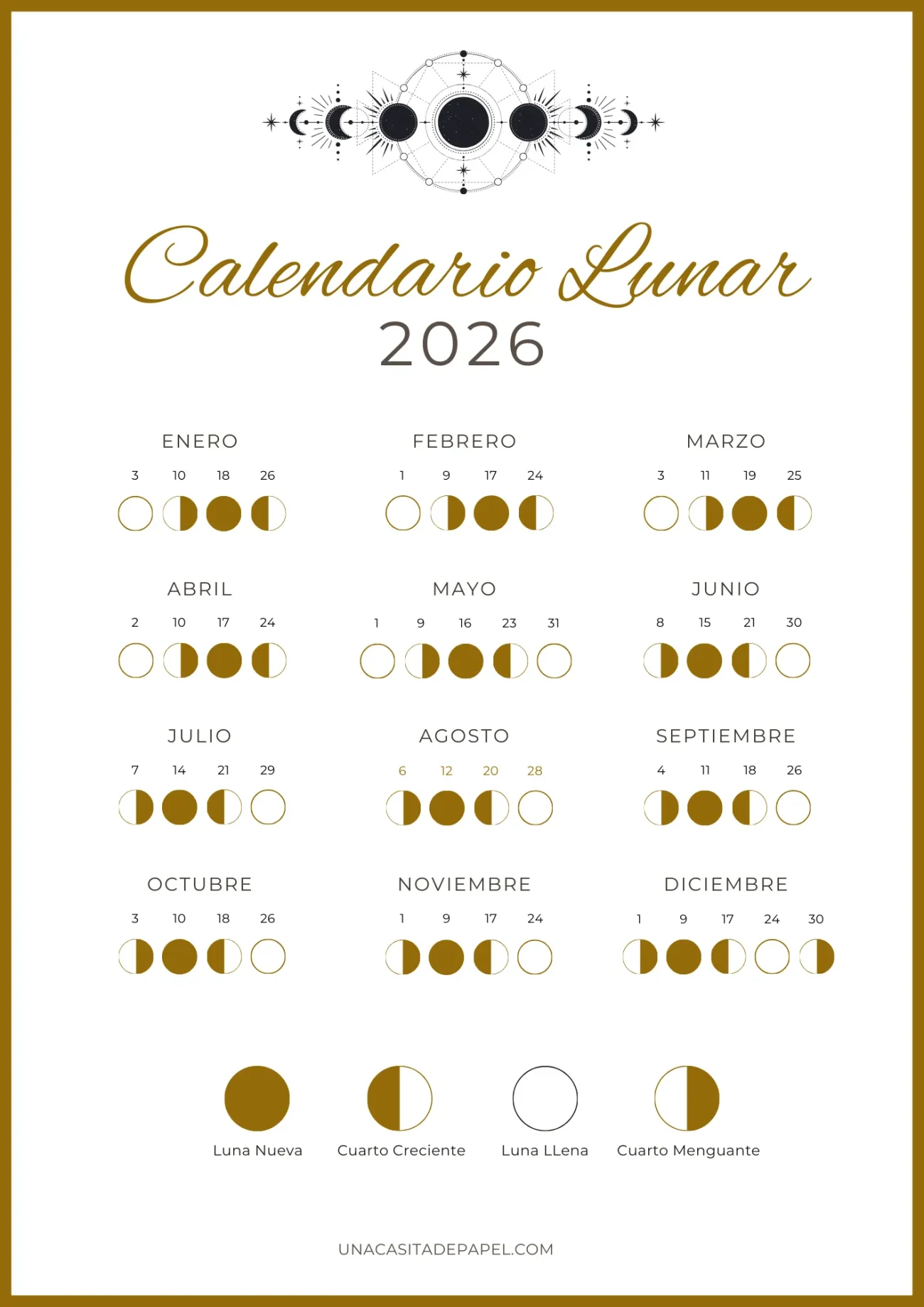 Calendario lunar 2026 dorado - Hemisferio norte (españa, méxico)