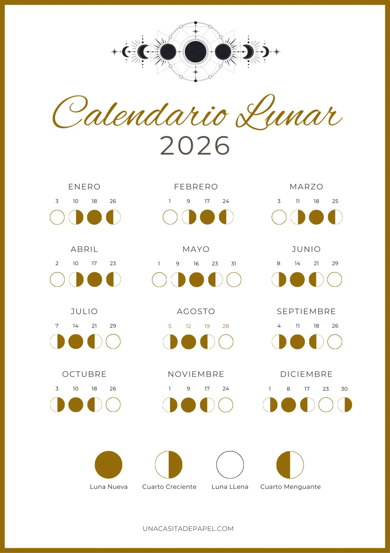 Calendario lunar 2026 dorado - Hemisferio sur (argentina, chile, colombia)