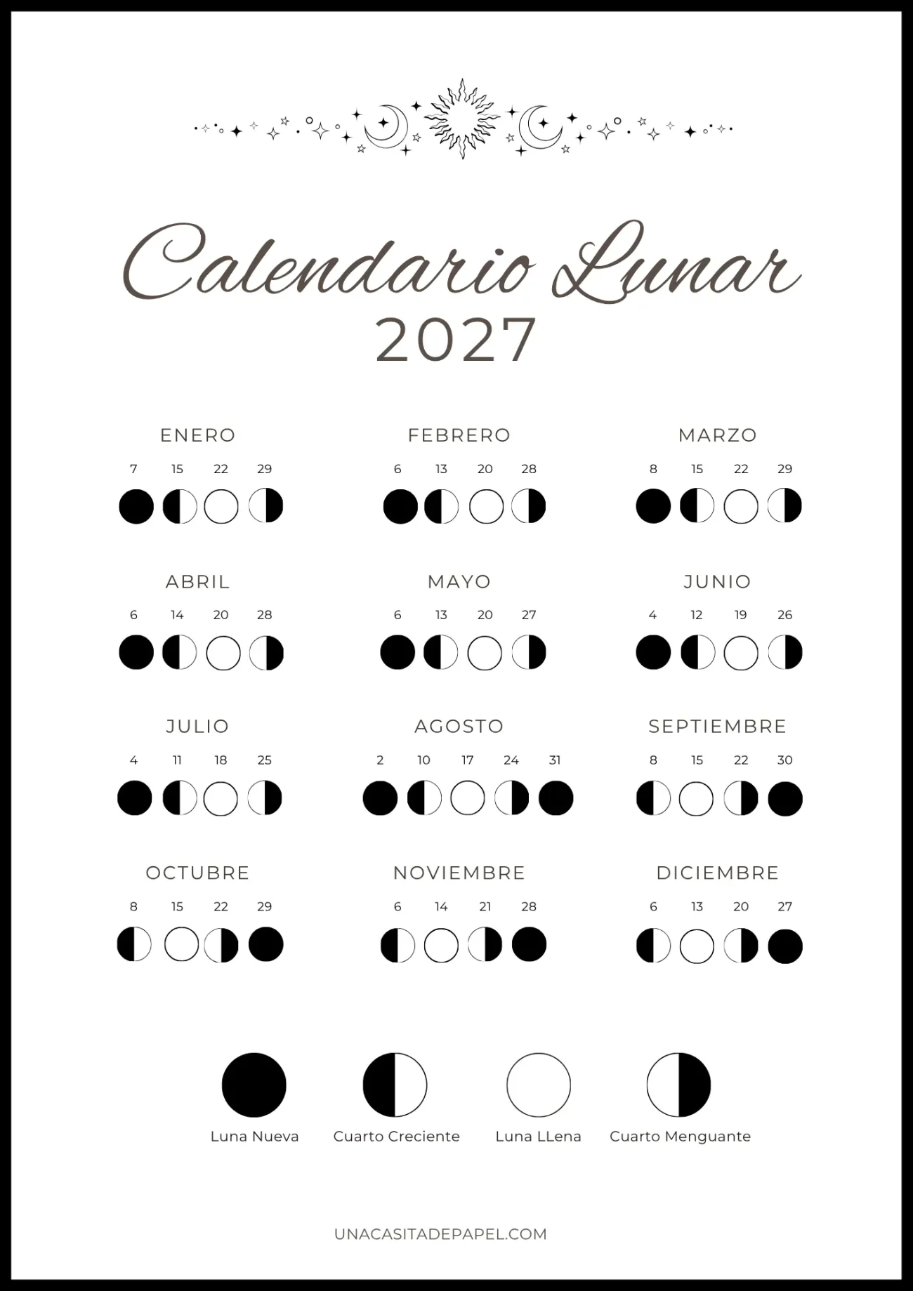 Calendario lunar 2027 - Hemisferio norte (españa, méxico)