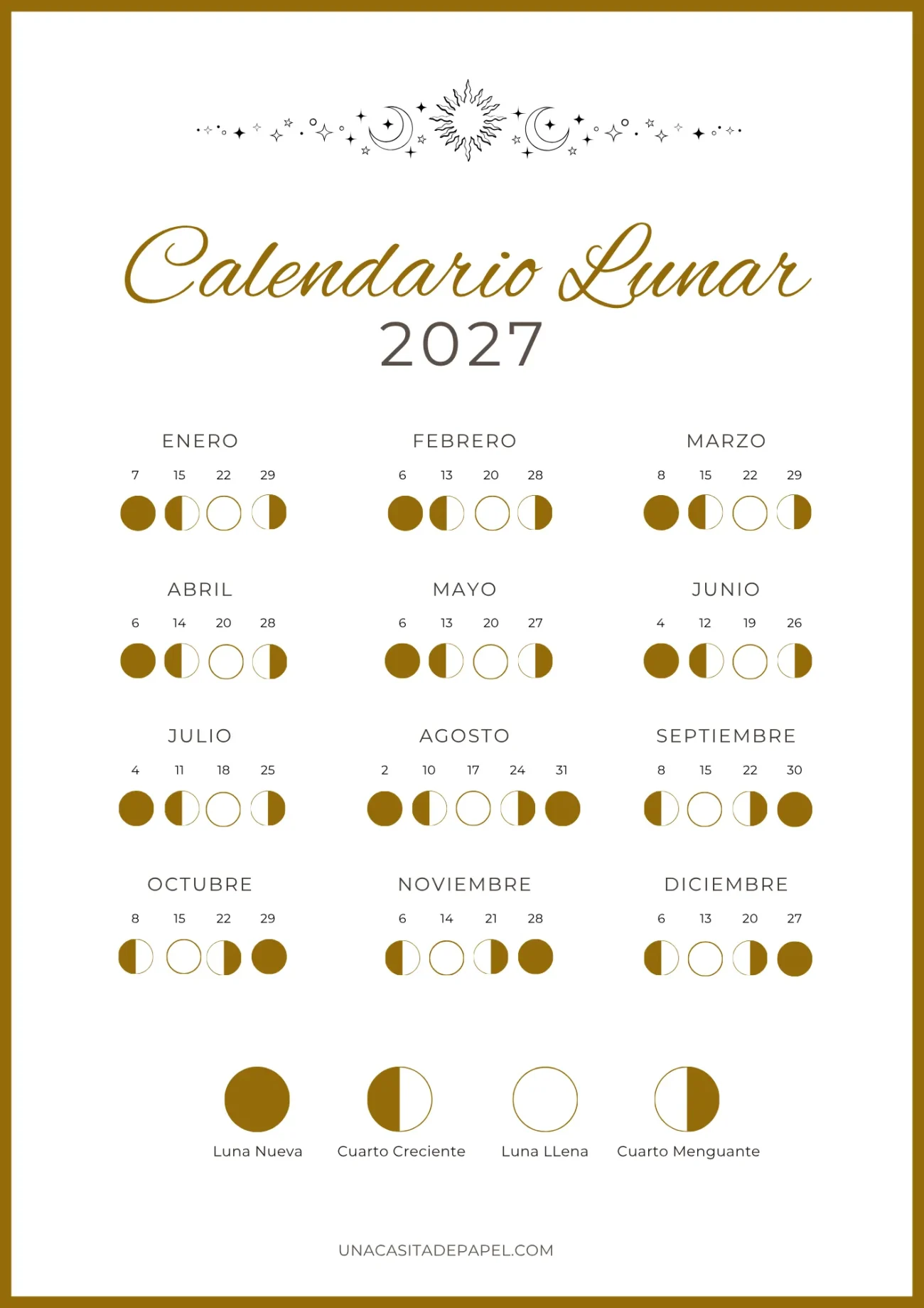 Calendario lunar 2027 dorado - Hemisferio norte (españa, méxico)
