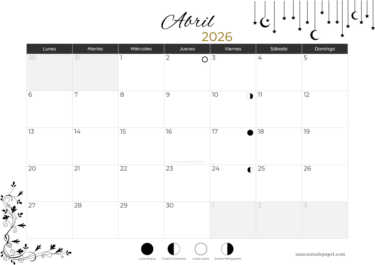 Calendario lunar abril 2026 - hemisferio norte