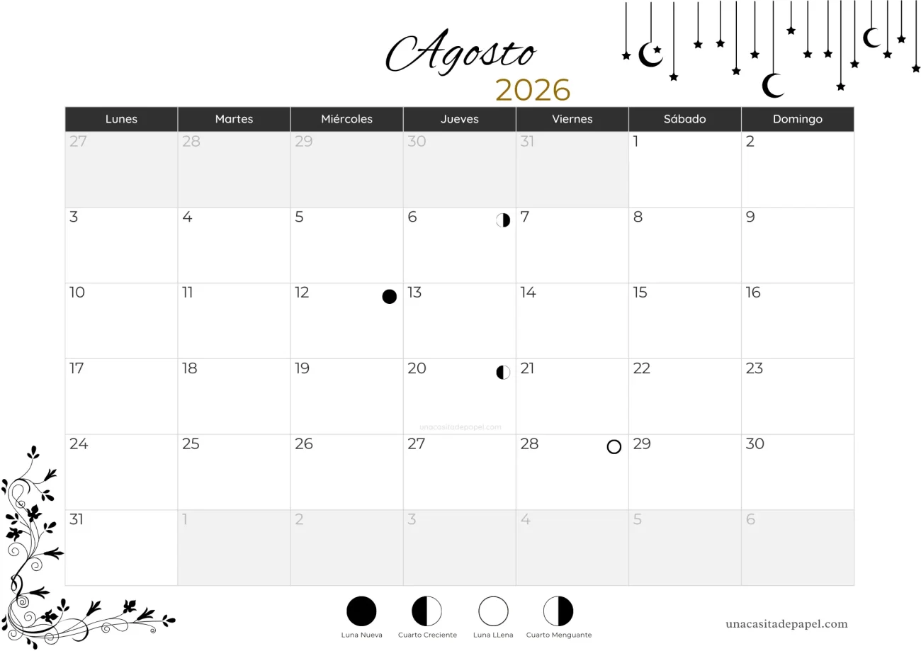 Calendario lunar agosto 2026 - hemisferio norte