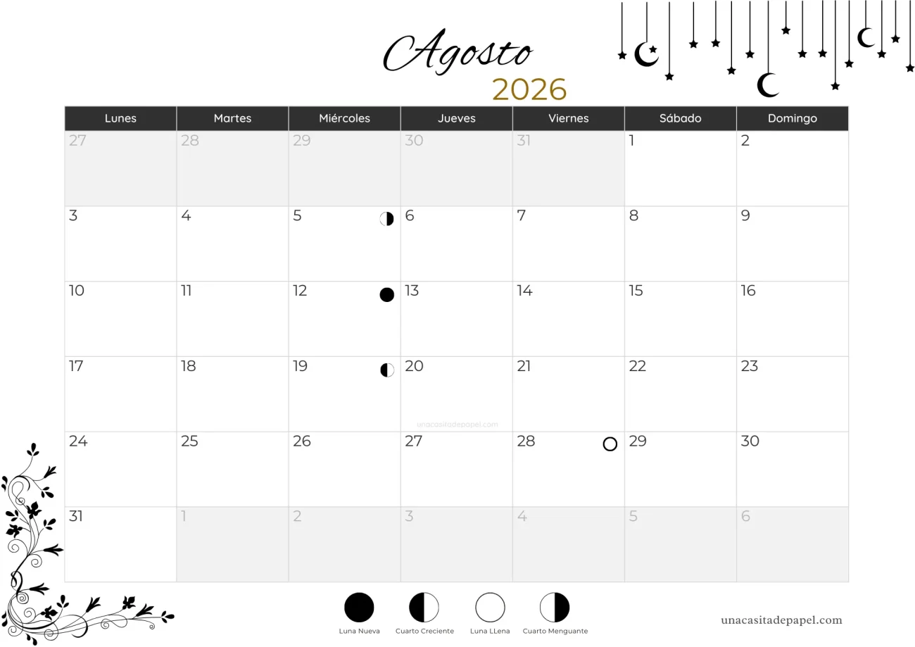 Calendario lunar agosto 2026 - hemisferio sur