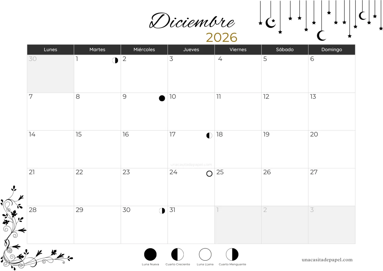 Calendario lunar diciembre 2026 - hemisferio norte