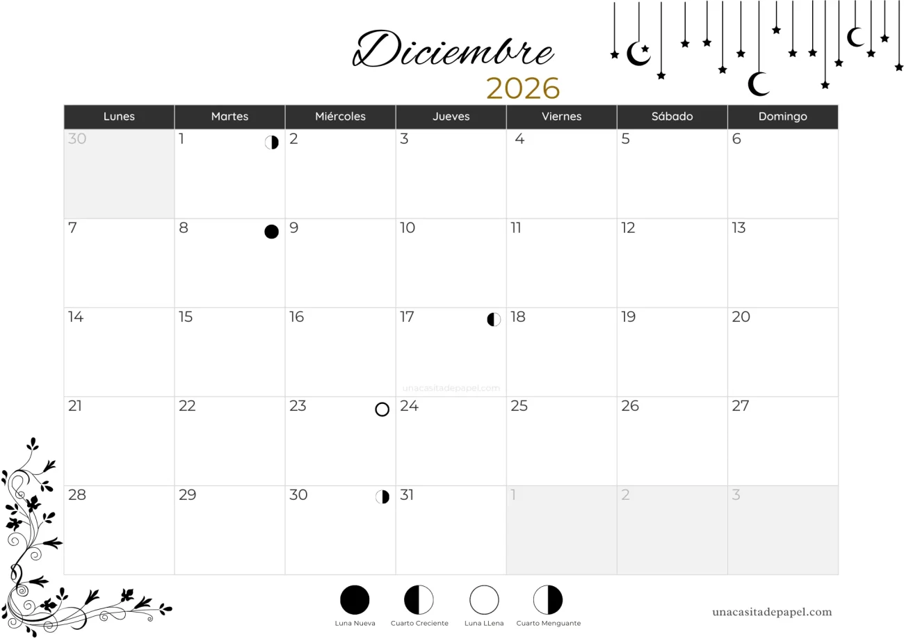 Calendario lunar diciembre 2026 - hemisferio sur