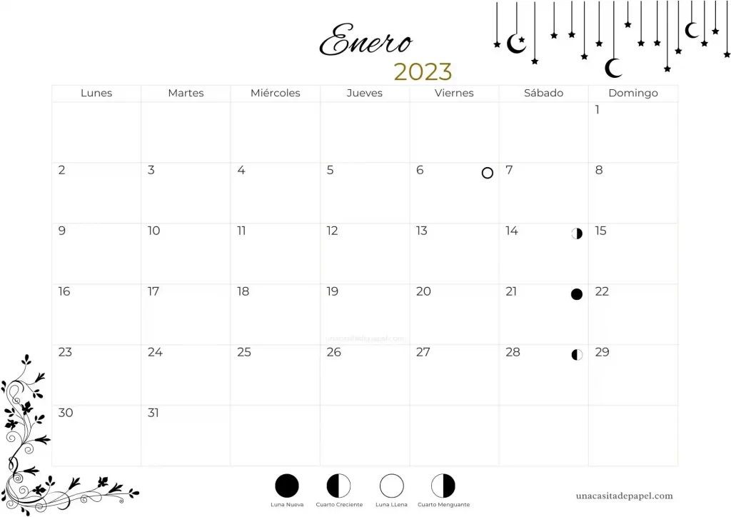 Calendario lunar enero 2023 - hemisferio sur