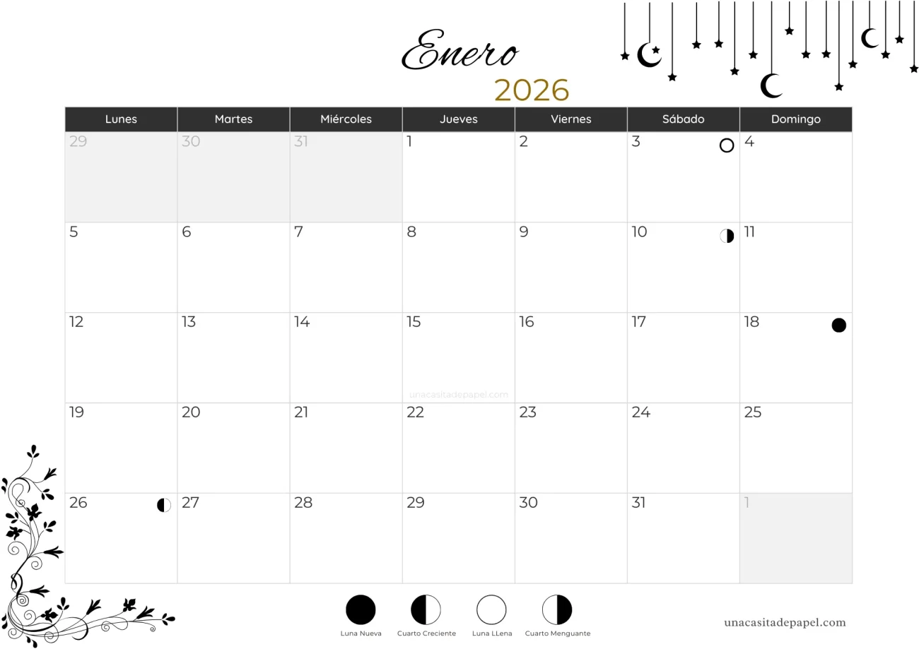 Calendario lunar enero 2026 - hemisferio sur