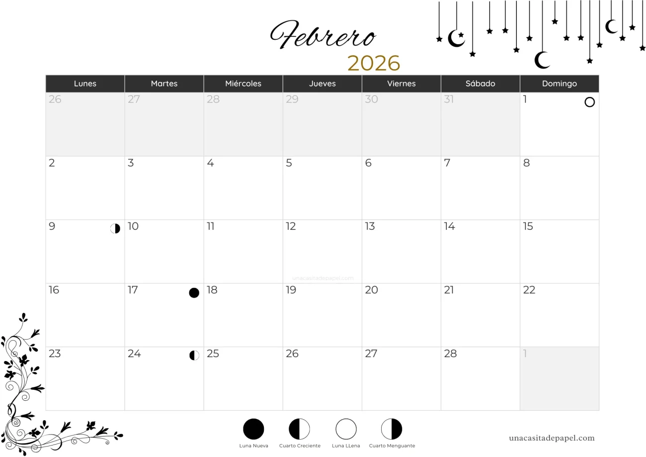 Calendario lunar febrero 2026 - hemisferio norte