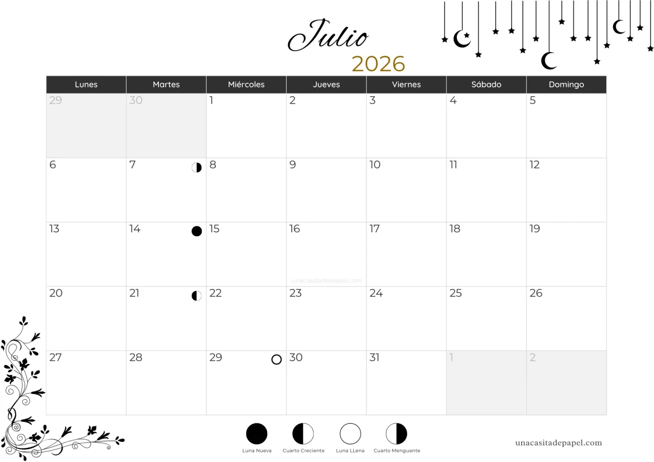Calendario lunar julio 2026 - hemisferio norte