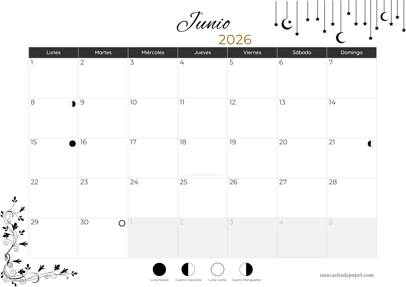 Calendario lunar junio 2026 - hemisferio norte