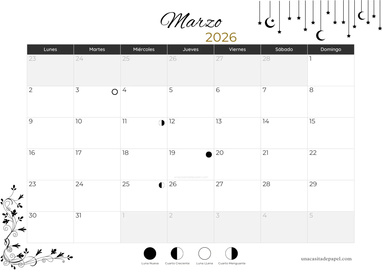 Calendario lunar marzo 2026 - hemisferio norte