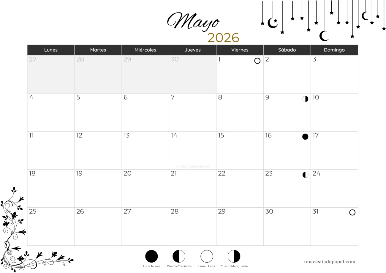 Calendario lunar mayo 2026 - hemisferio norte