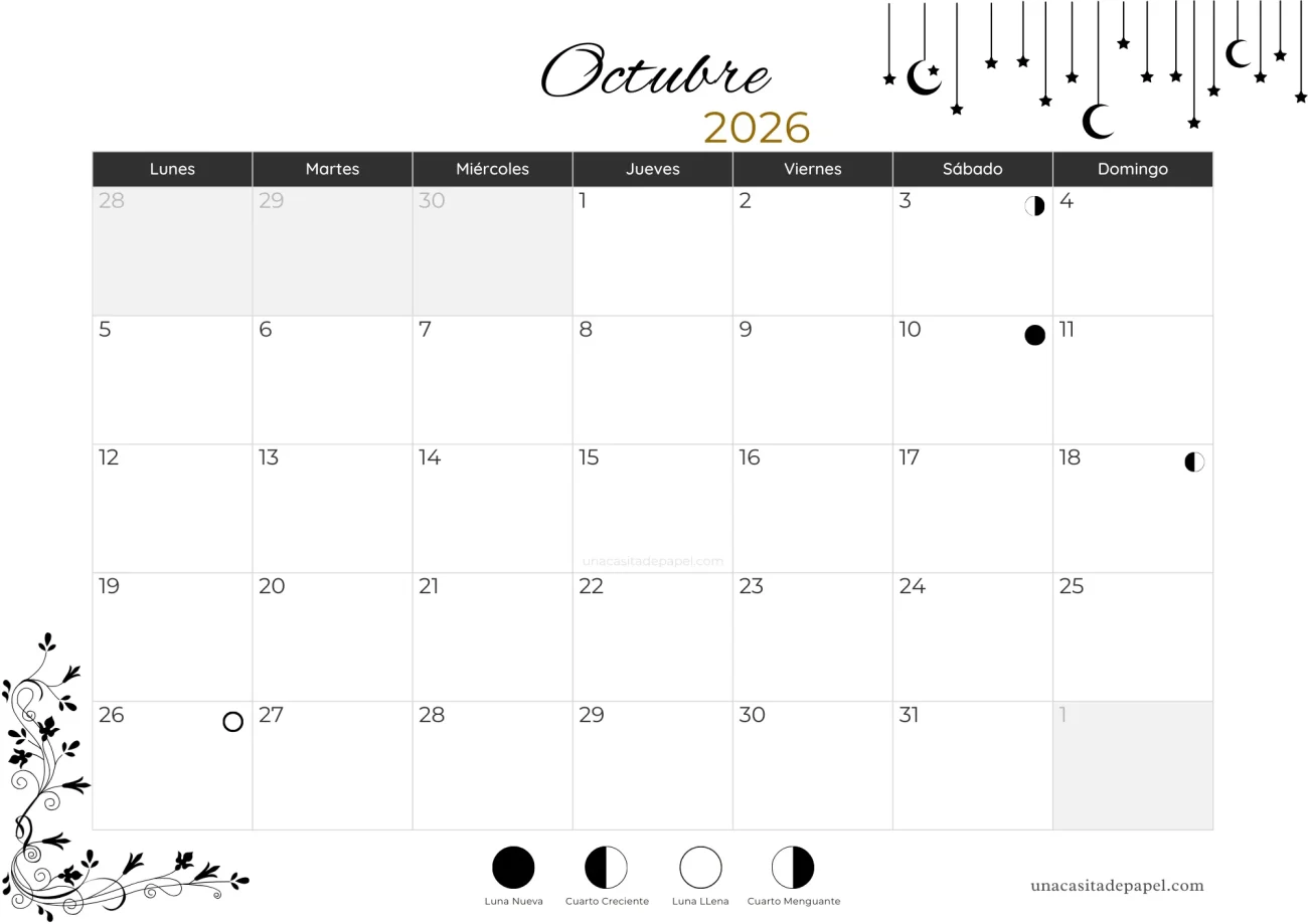 Calendario lunar octubre 2026 - hemisferio sur