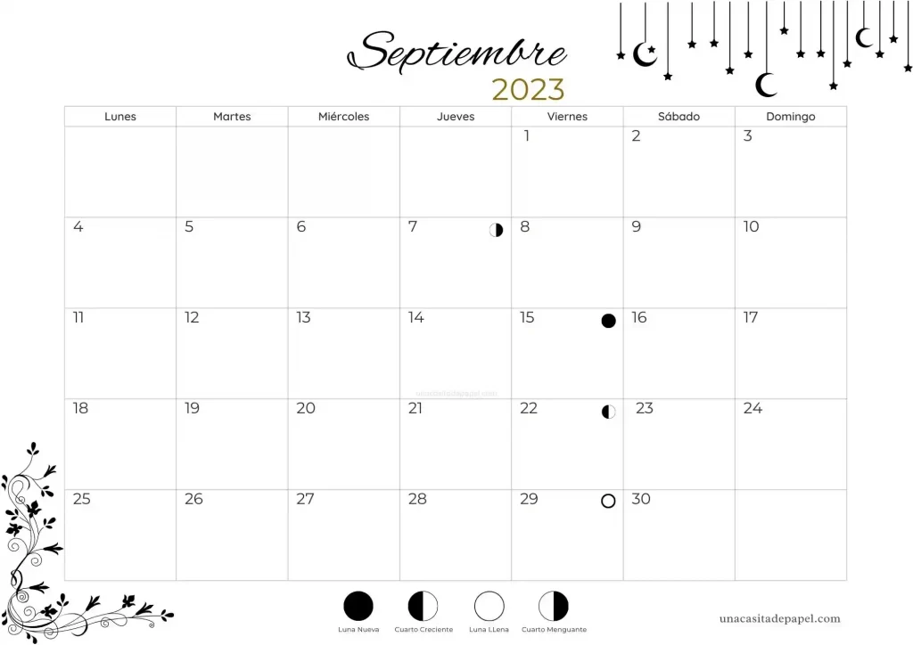 Calendario lunar septiembre 2023 - hemisferio norte