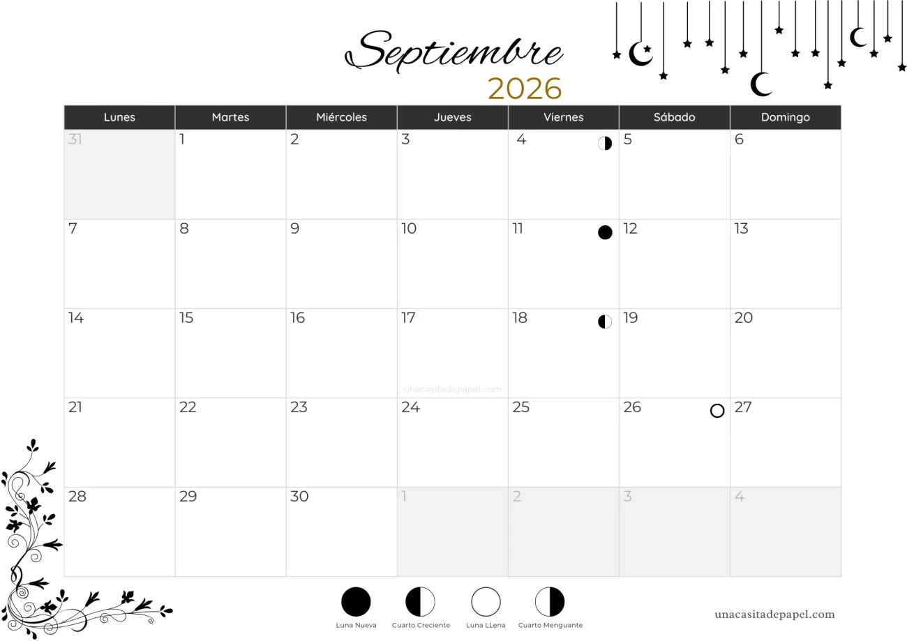 Calendario lunar septiembre 2026 - hemisferio sur
