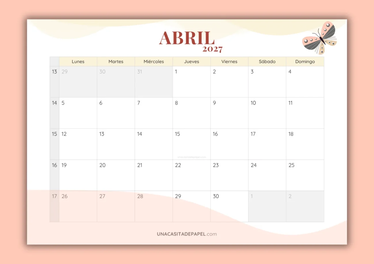 Calendarios abril 2027 mensual para imprimir