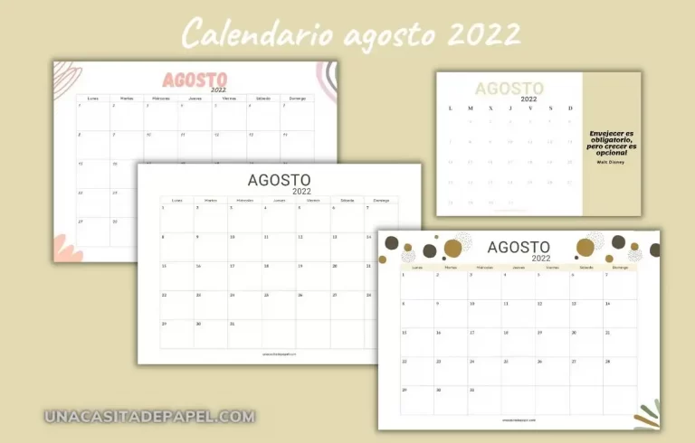 Calendarios agosto 2022 para imprimir