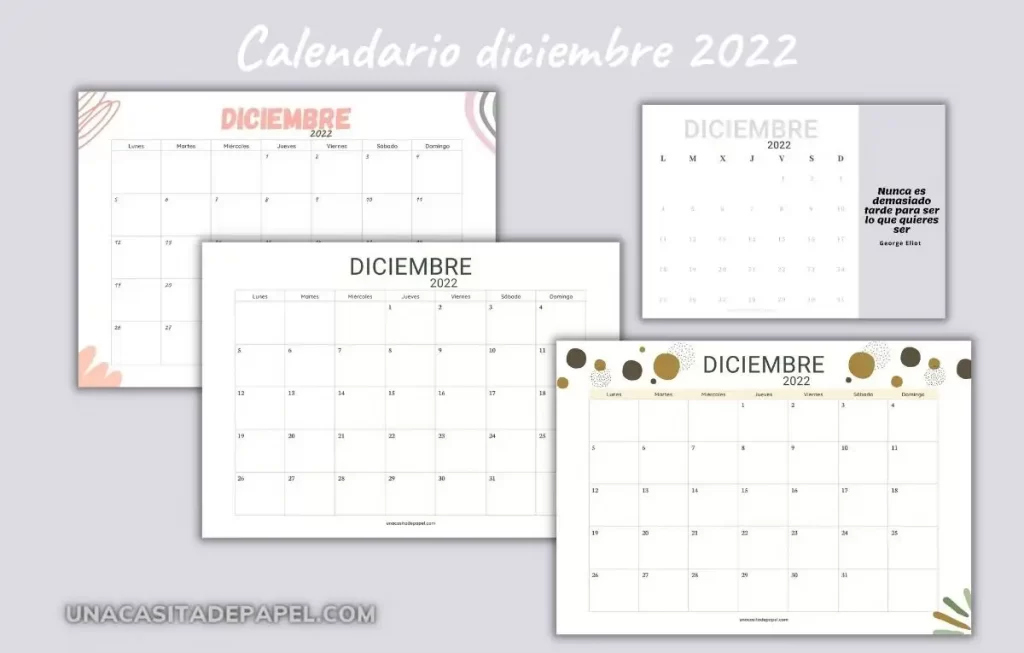 Calendarios diciembre 2022 para imprimir