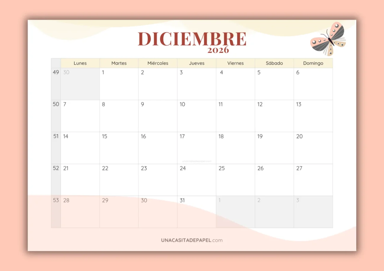 Calendarios diciembre 2026 mensual para imprimir