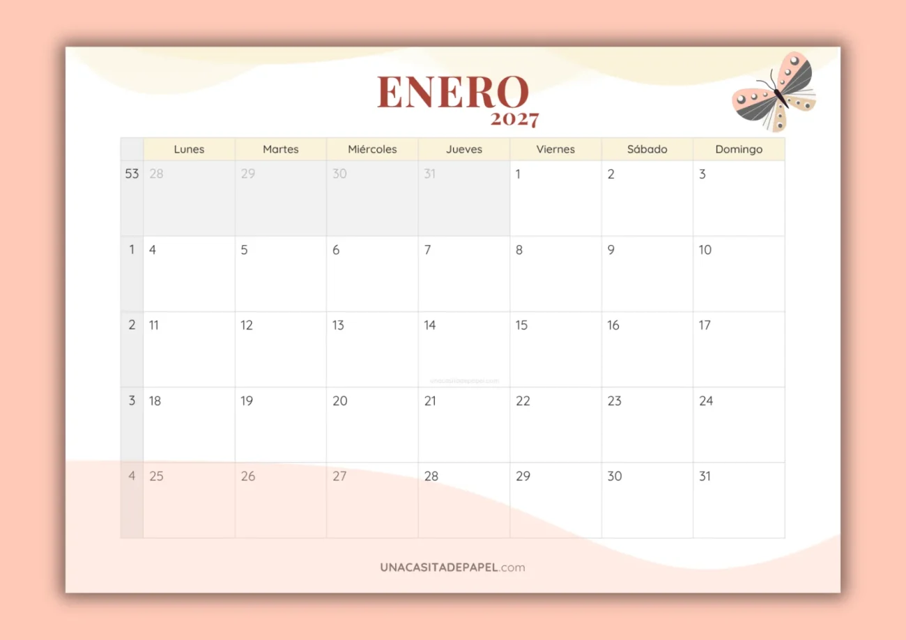Calendarios enero 2027 mensual para imprimir