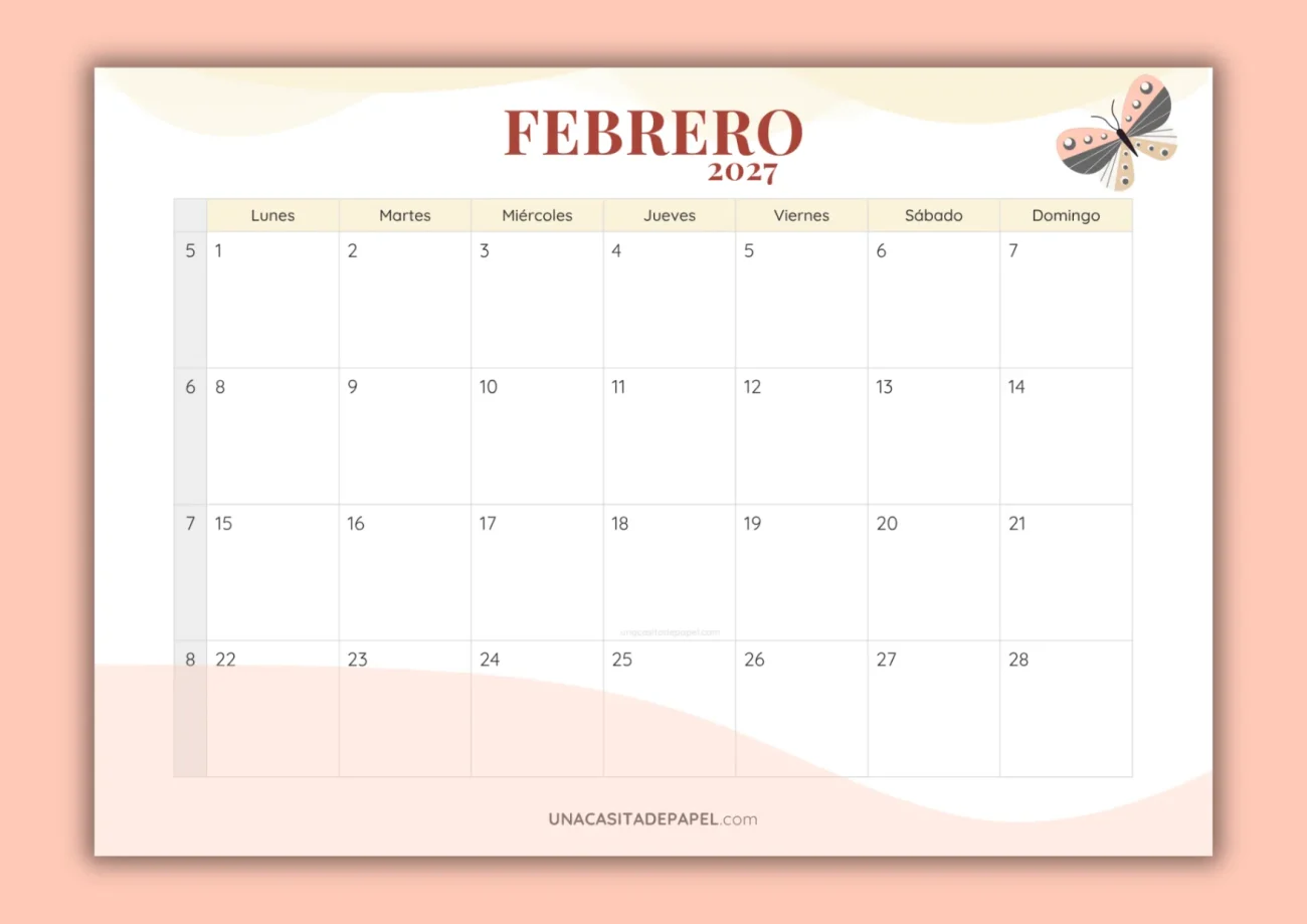 Calendarios febrero 2027 mensual para imprimir