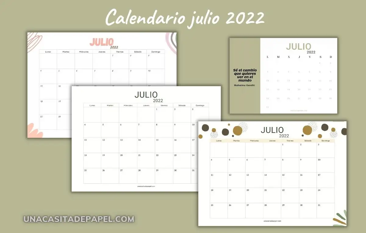 Calendarios julio 2022 para imprimir