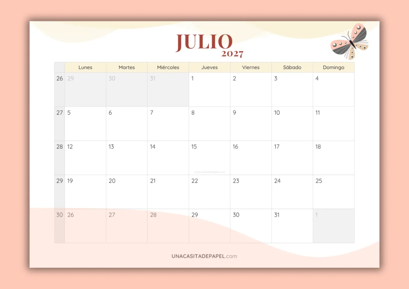 Calendarios julio 2027 mensual para imprimir