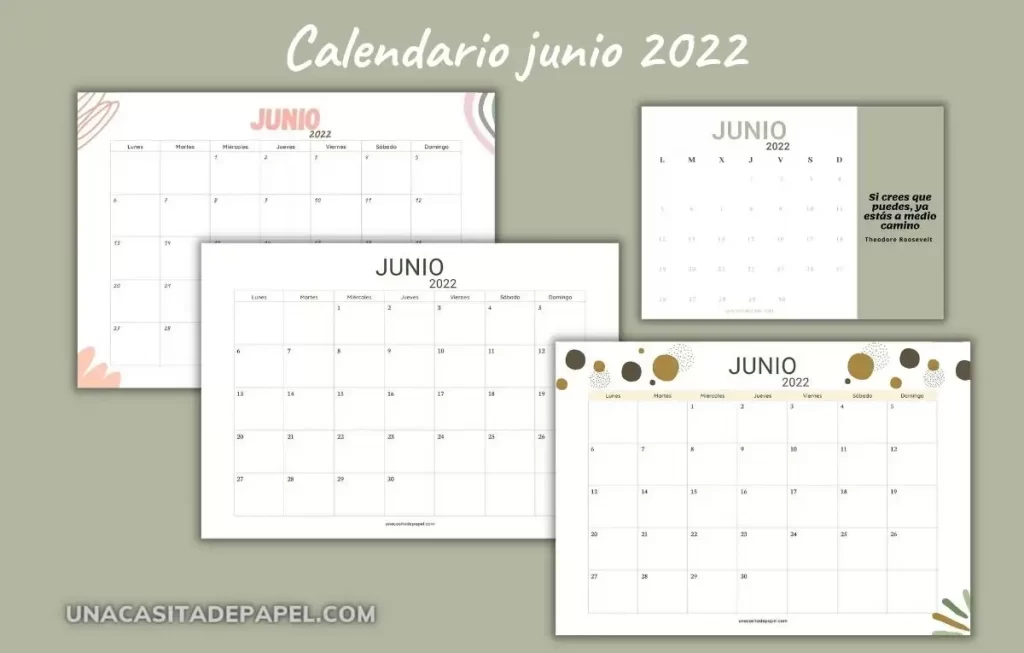 Calendarios junio 2022 para imprimir