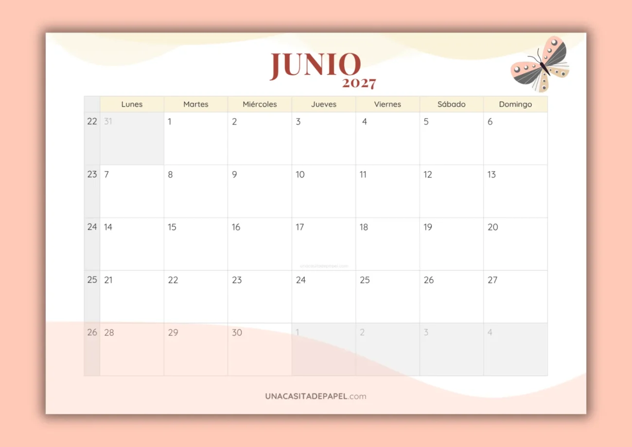 Calendarios junio 2027 mensual para imprimir