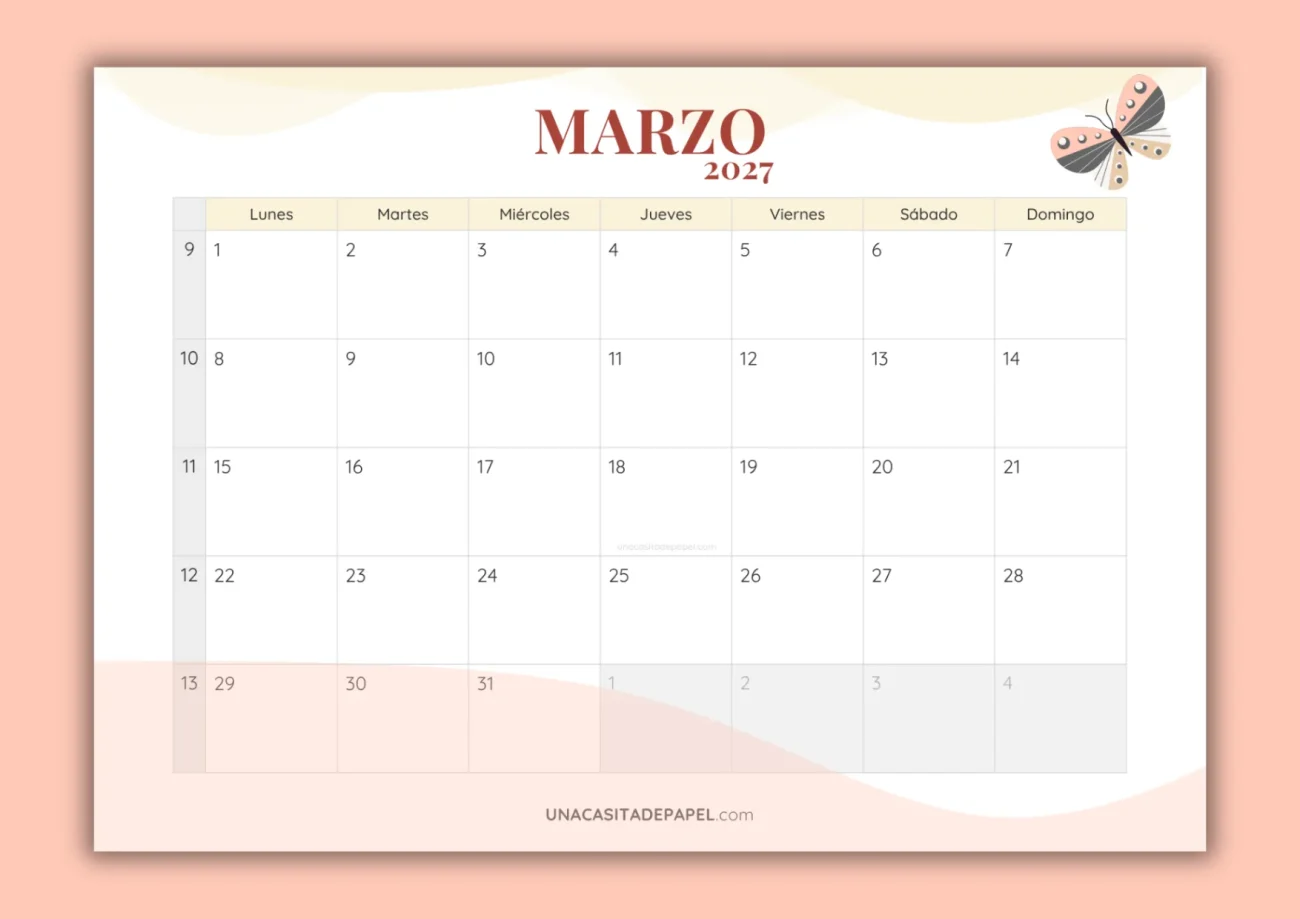 Calendarios marzo 2027 mensual para imprimir