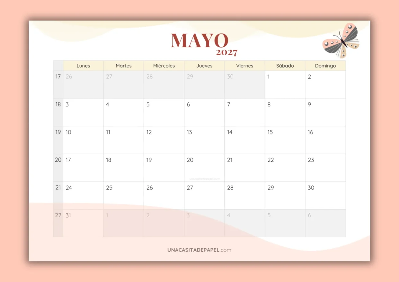 Calendarios mayo 2027 mensual para imprimir